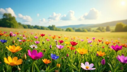 Fototapeta premium Vibrant wildflowers carpet a sun-drenched field , floral field, blooming flowers, wildflowers
