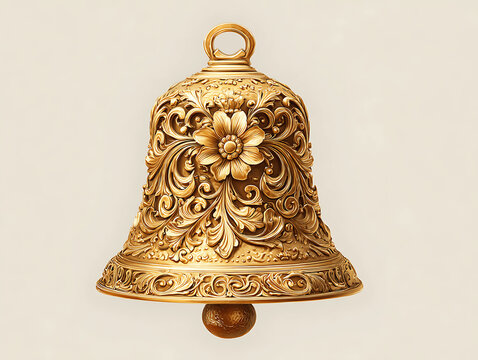A shiny golden Christmas bell ornament, an isolated metal object on a white background, perfect for holiday celebration and traditional xmas decoration