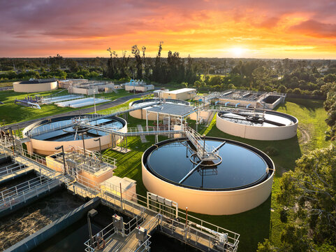 City water cleaning facility at wastewater treatment factory. Purification process of removing undesirable chemicals, suspended solids and gases from contaminated liquid