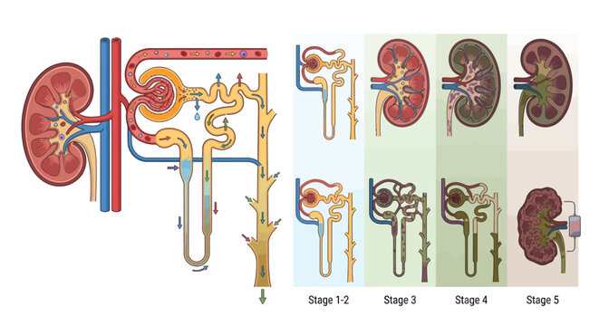 Medical illustration of human kidney anatomy and nephron function showing chronic kidney disease progression through stages 1 to 5 with filtration and renal failure details.