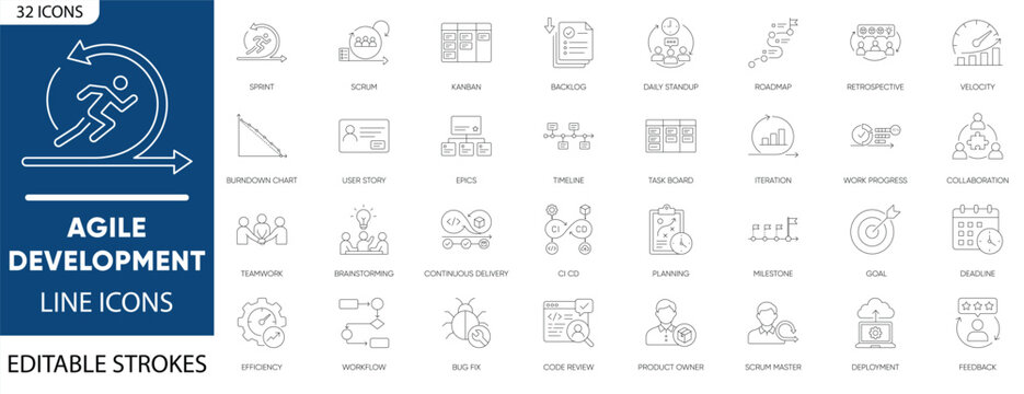  Agile development line icon set. Featuring sprint, kanban, scrum master, product owner and backlog. Vector icons for corporate business presentations, office training materials, and software project 