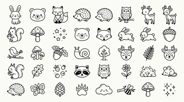 Collection of forest animal line drawings.