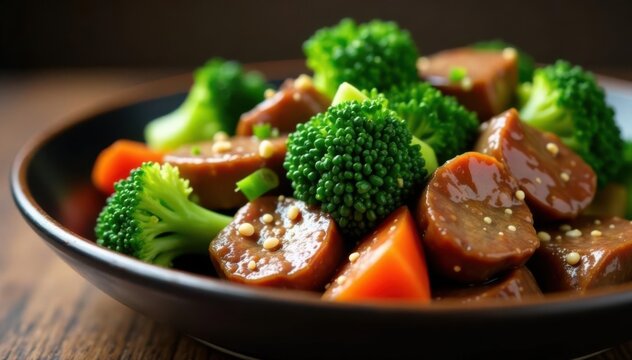 Close-up, glossy beef broccoli stir-fry; vibrant green broccoli, tender beef slices , meat, foodlover
