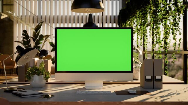 Computer Green Screen Modern Office Workspace with and Evening Sunlight - Camera Zoom In