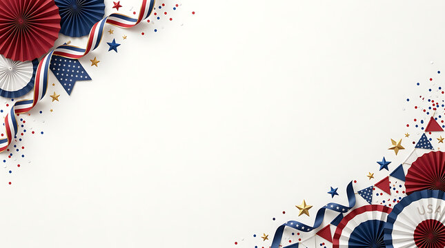 Vibrant festive border with red, white, and blue patriotic decorations, ribbons, and confetti on a bright white background, ideal for national holiday themes and greetings