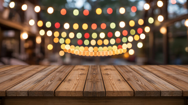 Cozy outdoor wooden table under string lights