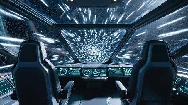 Futuristic Spaceship Cockpit View of Hyperspace Travel with Light Speed Streaks and Digital Control Panels for Sci-Fi Concepts.