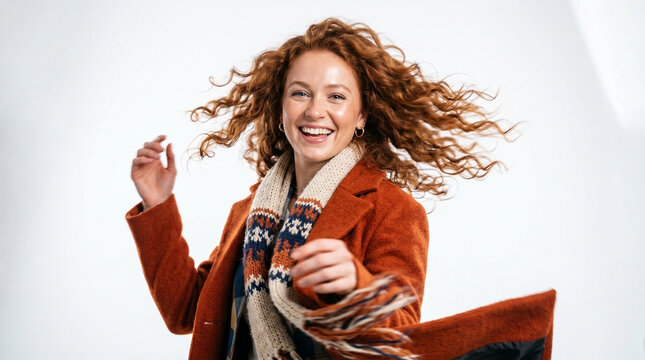 Happy redhead woman in studio beauty portrait wearing winter coat