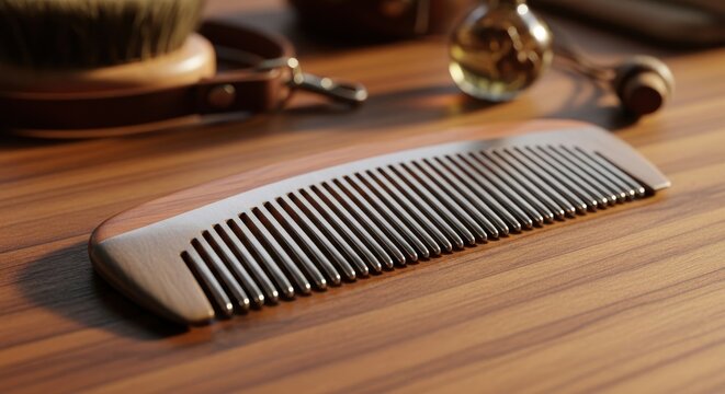 Handcrafted wooden comb with polished teeth resting on a wooden surface, ideal for hair grooming