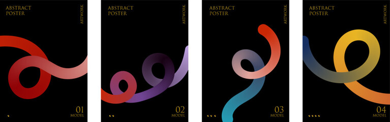 Abstract poster design collection with 3d liquid fluid wave shapes on black background and modern typography for creative layout or minimal art set of four vector ilustration files. © MOMOTAJ