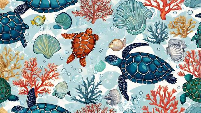 Seamless underwear pattern with sea turtles coral reefs fish seashells and bubbles detailed marine illustration