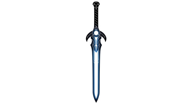 Fantasy sword with blue and black design standing upright
