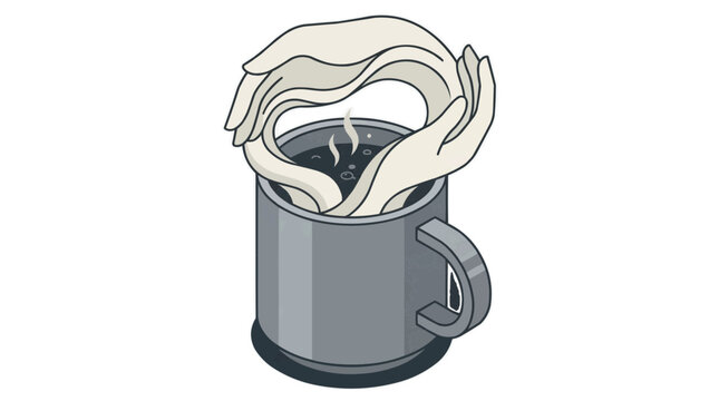 A vector graphic illustration of hands emerging from a gray mug with a handle influenza in the winter season