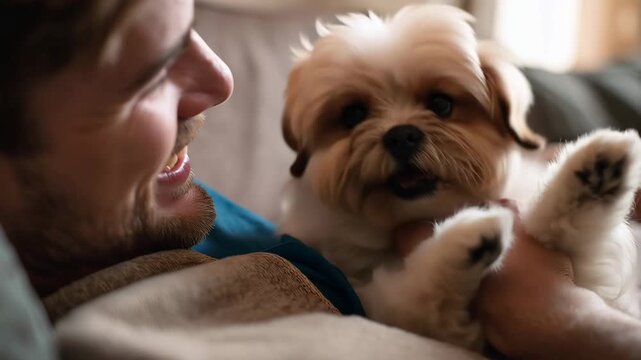 Happy person cuddling small dog at home with warm natural light and comfort