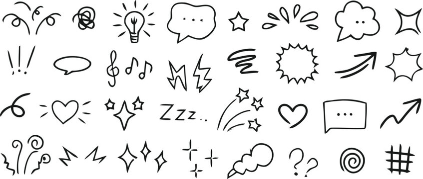 Hand drawn doodle icons, 40 symbol set, black line art, chat and emotion symbols, web graphics