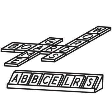 Wooden crossword board game pieces with letters vector line icon 