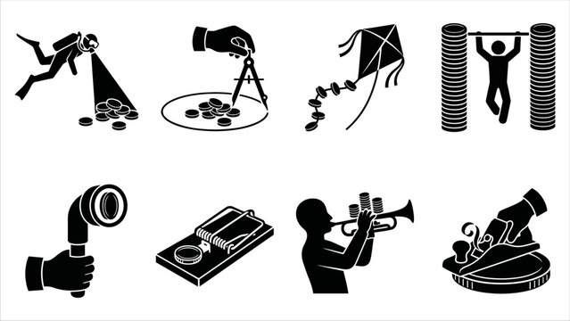 Black and white vector icons representing financial concepts money saving and wealth creation activities with coins.