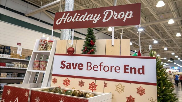 Festive Holiday Drop Display with Save Before End Sign and Christmas Decorations in Retail Store Aisle