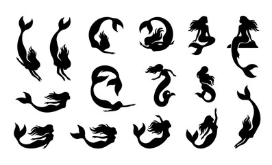 Obraz premium Mermaid silhouettes swimming and sitting poses vector icons set.