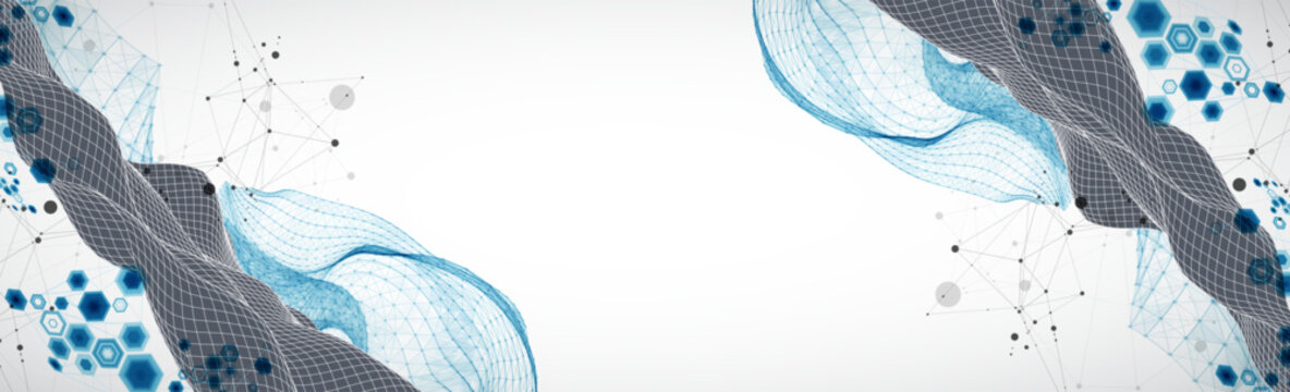 Grid geometric landscape with plexus particles and hexagonal elements. Vector template for tech banner or science presentation.