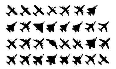 Fototapeta premium Airplane and military jet silhouettes top view icons vector set.