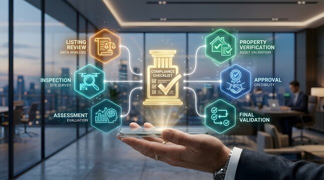 Hand holding transparent smartphone with holographic compliance checklist pillar and property inspection icons representing proptech digital mortgage and asset validation