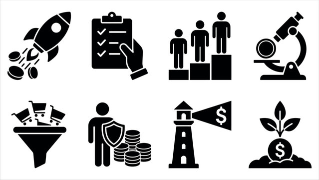Business and finance growth icon set featuring startup rocket checklist podium microscope sales funnel wealth protection lighthouse and investment plant