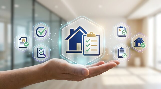 Hand holding hexagonal holographic real estate dashboard with property approval checklist inspection and home verification icons representing proptech solutions