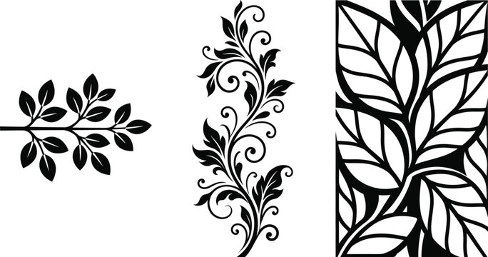 Decorative black leaf silhouettes floral scroll branch ornament and laser cut panel patterns for interior design layout