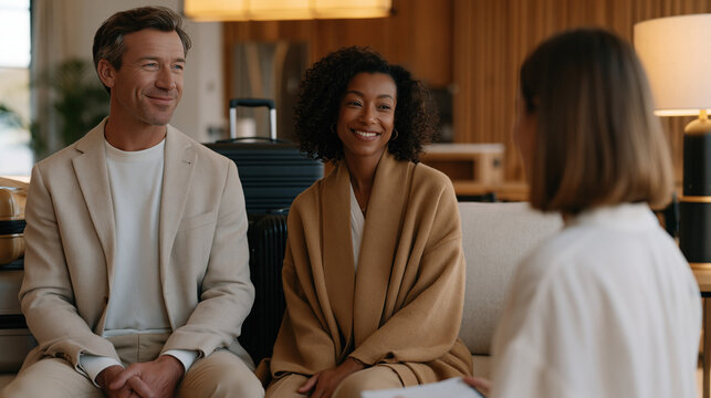 Corporate relocation consultant meeting a transferred employee family in a temporary furnished apartment, relocation stress process in action, unpacked suitcases and unfamiliar