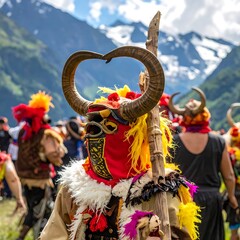 Obraz premium Vibrant costume festival in mountains.