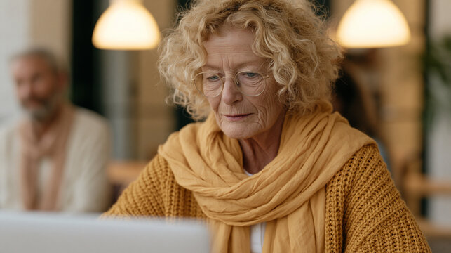 Retired accountant using a no-code automation builder to digitize her small nonprofit's volunteer scheduling system, library community room setting, autumn afternoon, other
