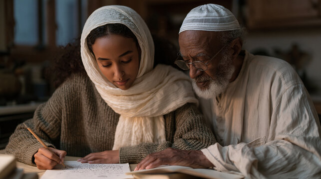 Somali-American teenager struggles to write a letter in Somali script at a kitchen table, her elderly grandfather reading over her shoulder with quiet corrections, diaspora