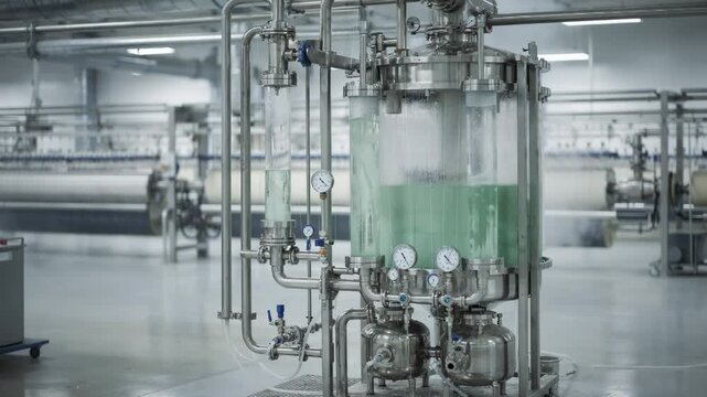 Medium shot of a closedloop solvent recovery scrubber unit actively filtering and purifying solvent vapors in solution spinning production highlighting environmental safety