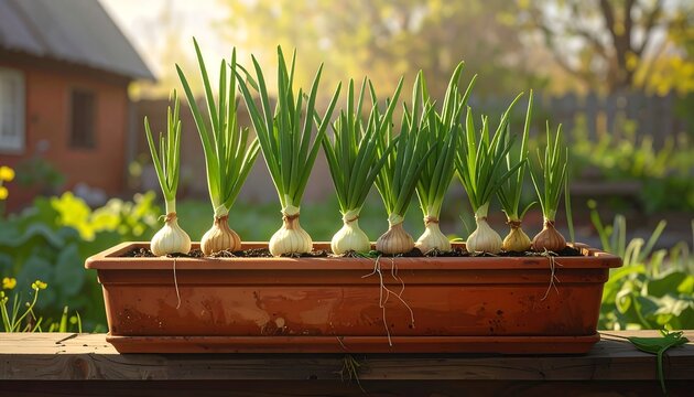 Close-up of green onion bulbs sprouting from brown soil in a rectangular planter, bathed in sunlight against a blurred garden backdrop