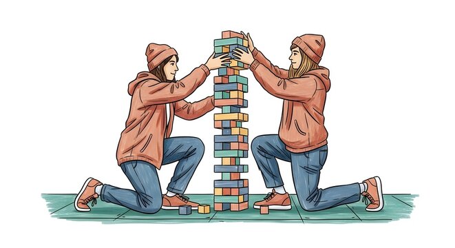 Two people building a tall block tower together outdoors.