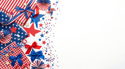 Obraz premium Joyful assortment of red, white, and blue celebration elements, including wrapped gifts, festive bows, and confetti on a clean white background for national festivities