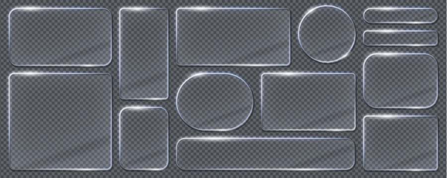 Set of glass elements in different shapes in glassmorphism style. Liquid glass effect PNG. Glass panels with liquid glass effect