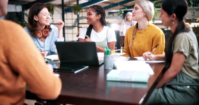 Happy, students and discussion in college with group project, education and laptop for homework task. People, smile and study in university with conversation, assignment and learning for development.