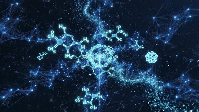 Futuristic Molecular Biology Visualization with Glowing DNA Helix and Chemical Formulas on Dark Plexus Background, Ideal for Medical Research and Science Education.