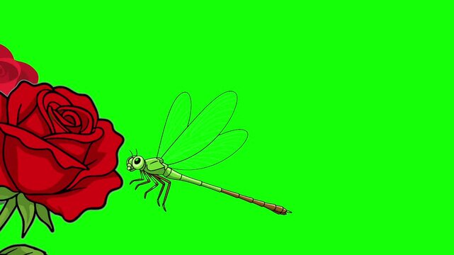 Dragonfly Hovering Near Red Roses on Green Background