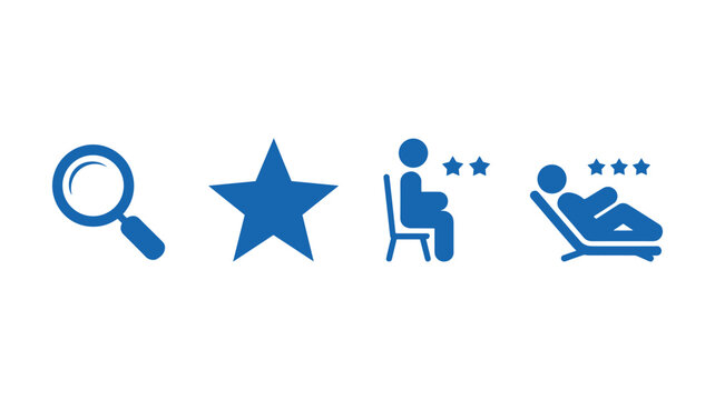 Flat of a person using a laptop with a magnifying glass and star rating symbols computer screen