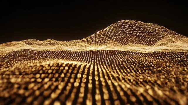 Abstract golden landscape of glowing particles and wavy mesh.