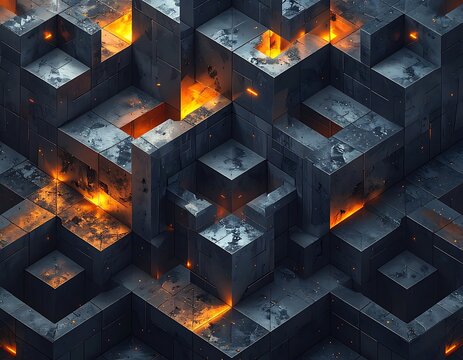 Dark maze with burning orange flames.