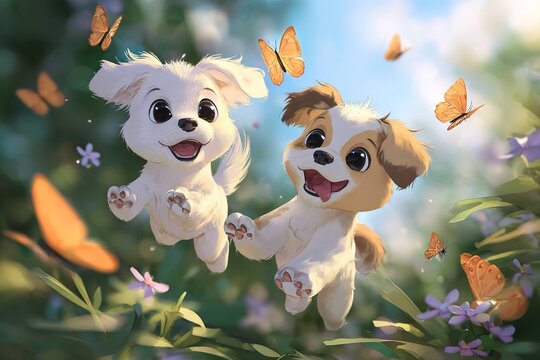 cute characters as playful puppies chasing butterflies