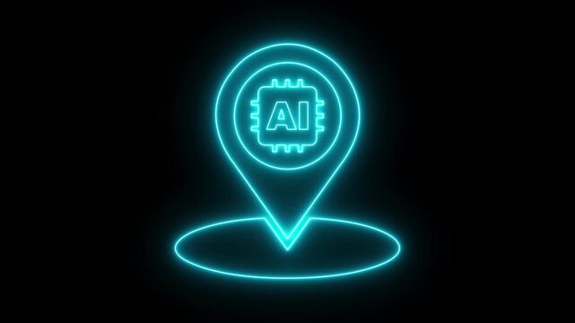glowing neon Map pin location pointer with an AI microchip icon inside, representing local artificial intelligence, tech hub, or GPS tracking navigation data. 4k video animation.