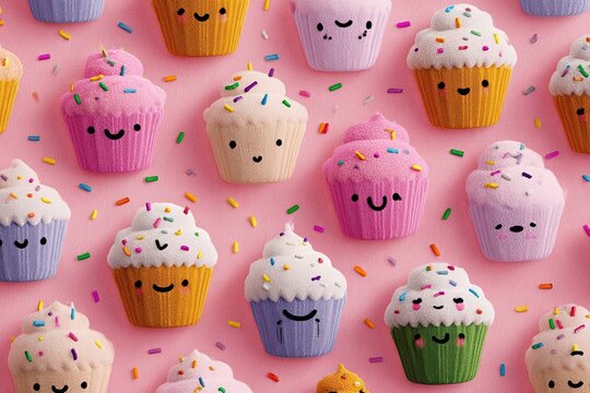 cute characters as smiling cupcakes with sprinkles