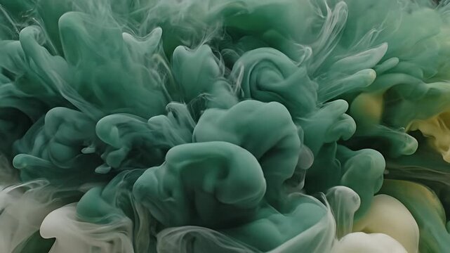 Abstract swirling green and cream fluid ink clouds.