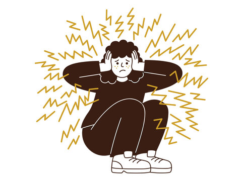Flat vector illustration of a person covering ears from loud noise, sensory overload, anxiety and mental stress, panic attack