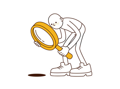 Flat vector illustration of a person with high anxiety inspecting a tiny spot through a large magnifying glass, psychological disorder and hypochondria concept